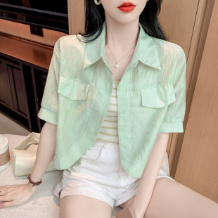 新款 衬衫 防晒衣女夏2025夏季 上衣吊带 开衫 冰丝polo领短袖 新品 短款
