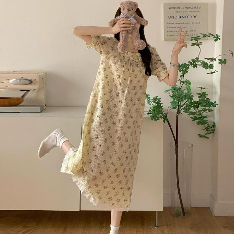 夏季韩版法式森系睡裙仙女款日系高级感小碎花方领纯棉连衣裙睡衣