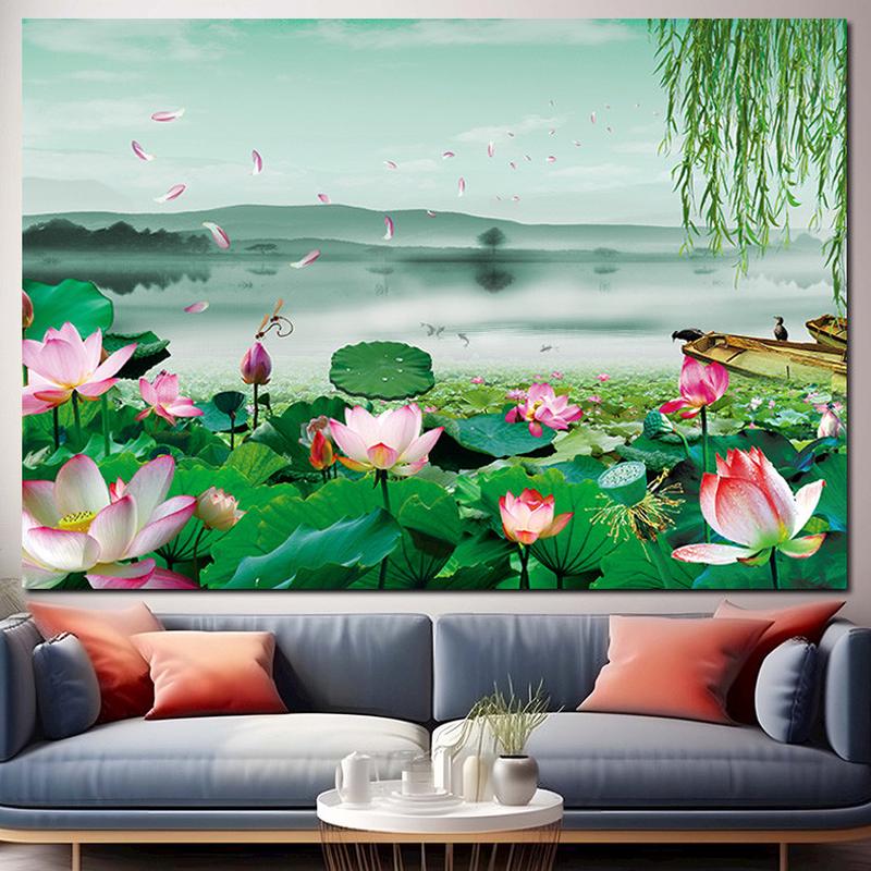 荷花装饰壁画墙贴纸风景客厅玄关风光挂画图花卉海报荷叶莲花佛堂图片