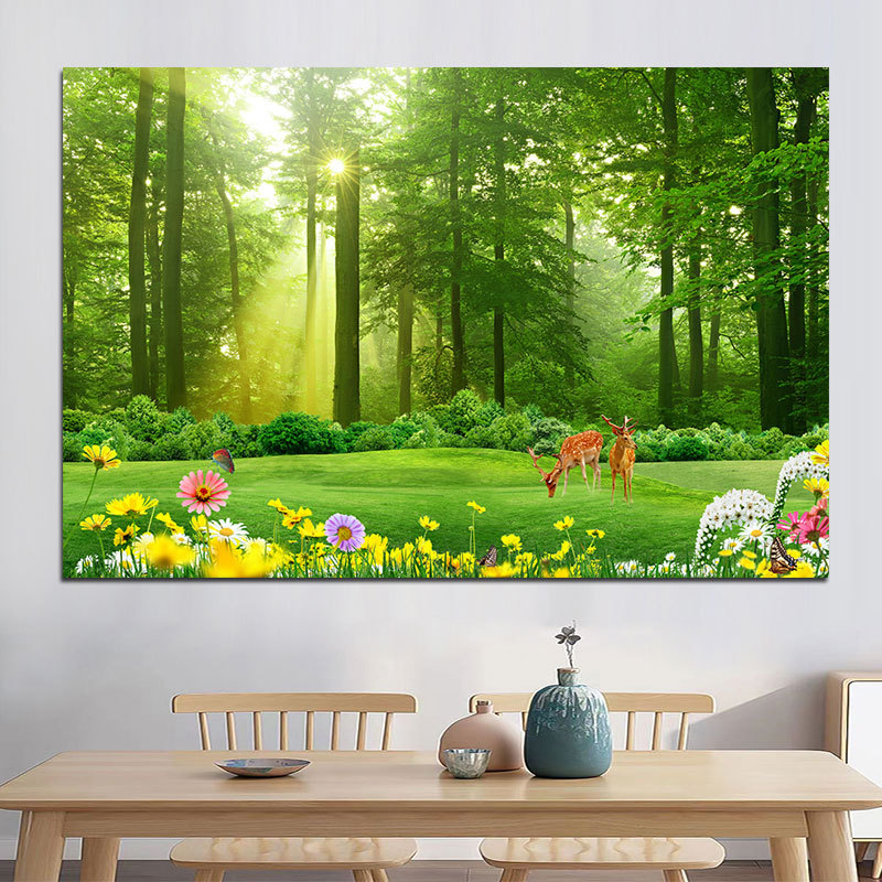 阳光森林树林墙贴壁画自粘客厅卧室大自然风景画挂画梅花鹿装饰画图片