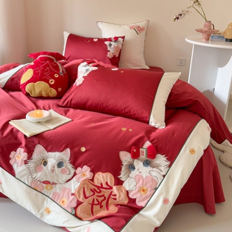 卡通少女心发财猫刺绣长绒棉四件套高级感全棉纯棉红色结婚嫁床单,床上用品,床品套件/四件套/多件套,淘宝优惠券,粉丝福利购,淘宝优惠卷