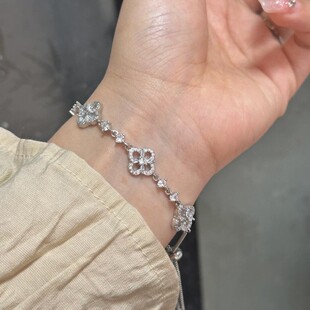 999纯银五花四叶草手链女轻奢小众高级感满钻抽拉手饰品生日礼物