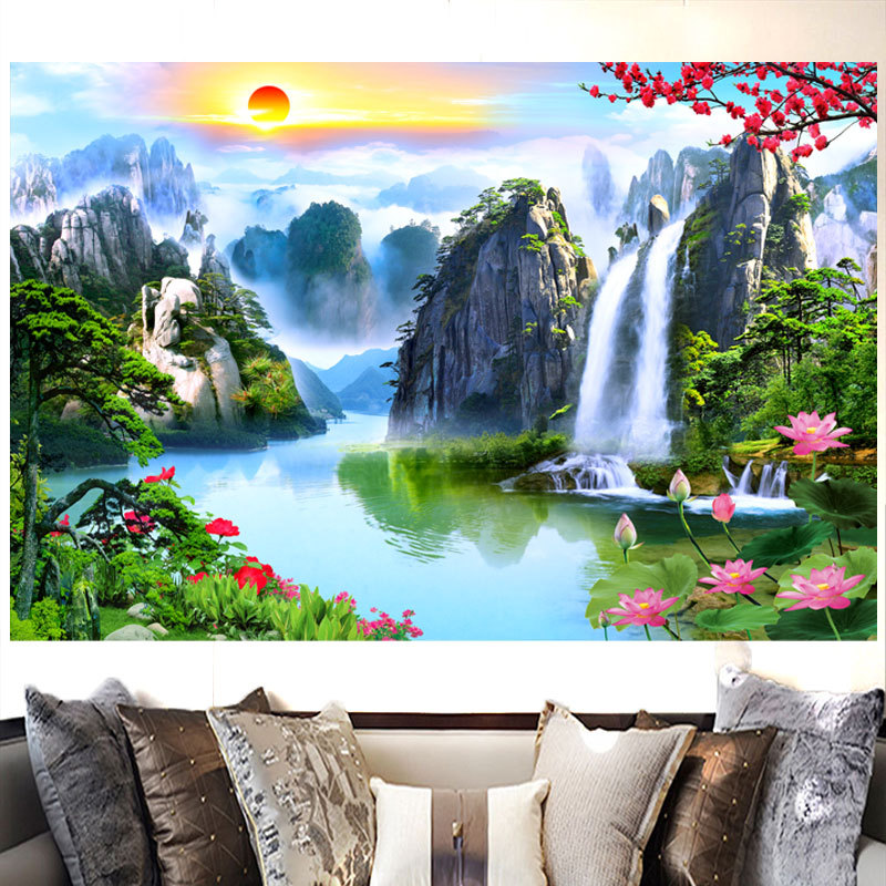 人间仙境背景画有山有水风景自粘画无活物海报墙贴画客厅装饰墙画