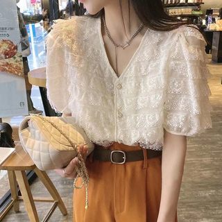 雪纺衫女短袖夏季2025新款韩版宽松白色蕾丝V领打底衫半袖t恤上衣