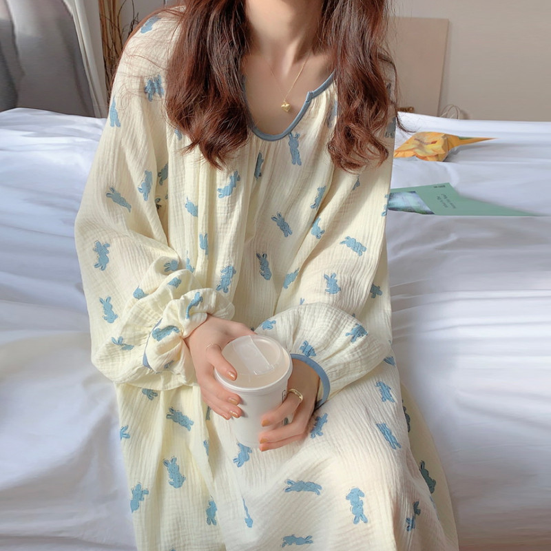 睡裙女春季2025新款纯棉纱布可爱兔子慵懒风高级感宽松中长裙睡衣