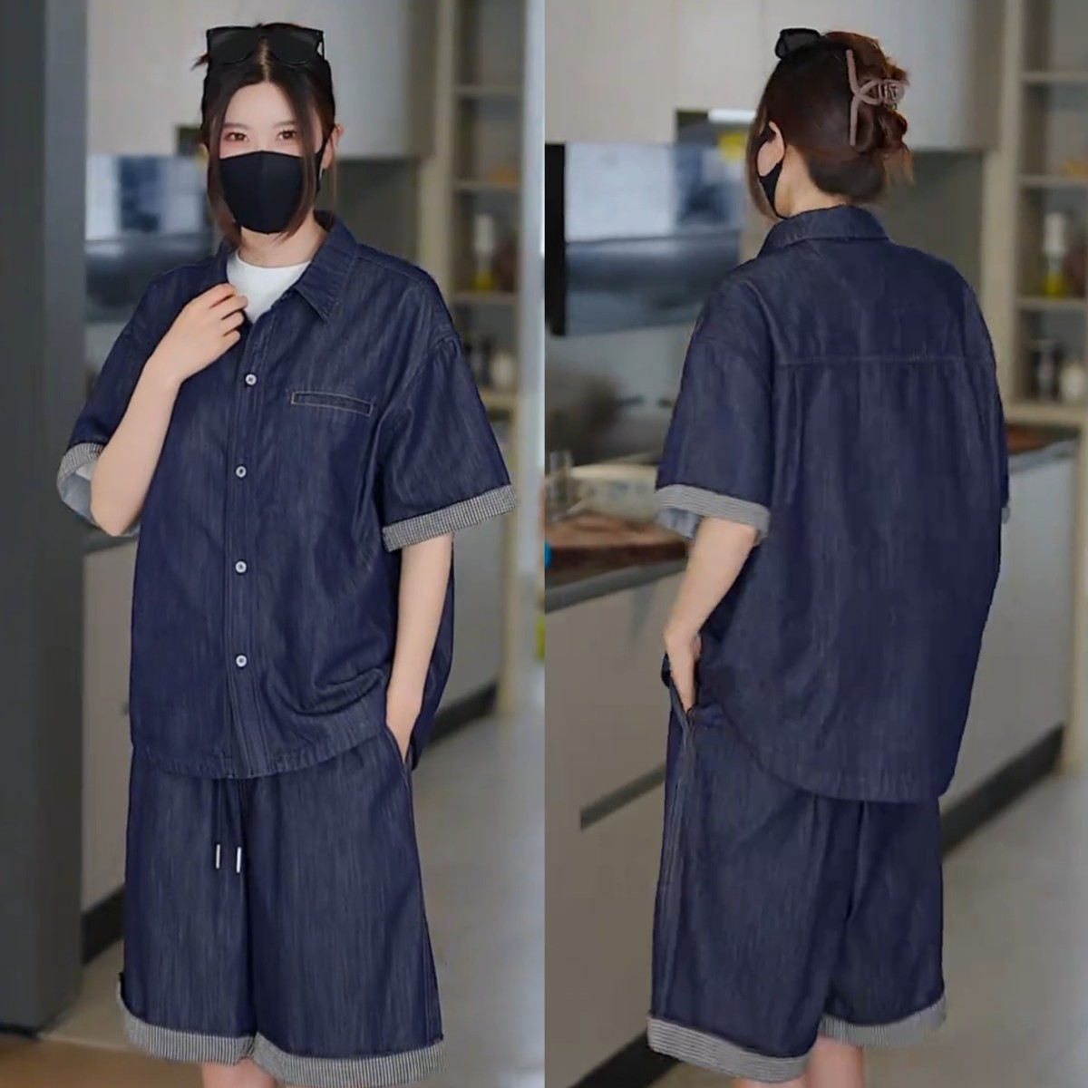 好货夏季美式潮牌阳离子牛仔套装男时尚百搭休闲短袖衬衫短裤两件