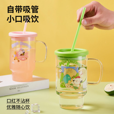 大容量玻璃杯女高颜值杯子家用喝水办公室吸管水杯带把手2025新款