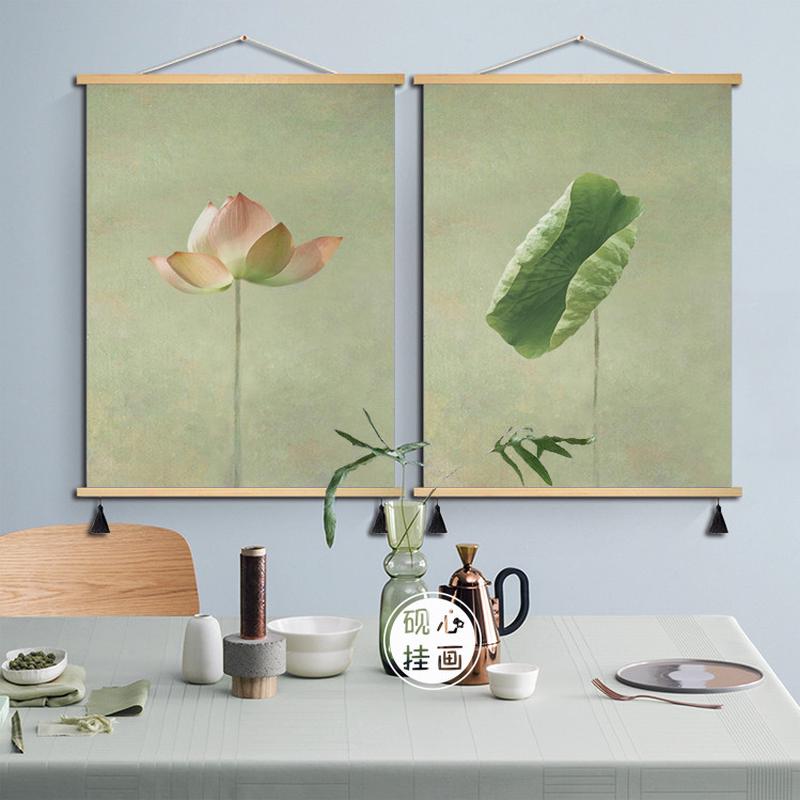 新中式荷花鲤鱼图九鱼图玄关装饰画客厅背景墙入户门正对墙布艺图片