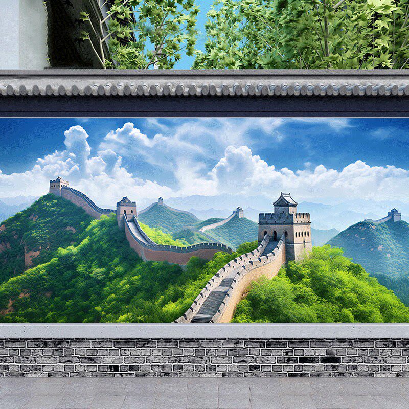 油画绿色万里长城江山万里镇宅聚财风水画书房茶室办公室背景自粘