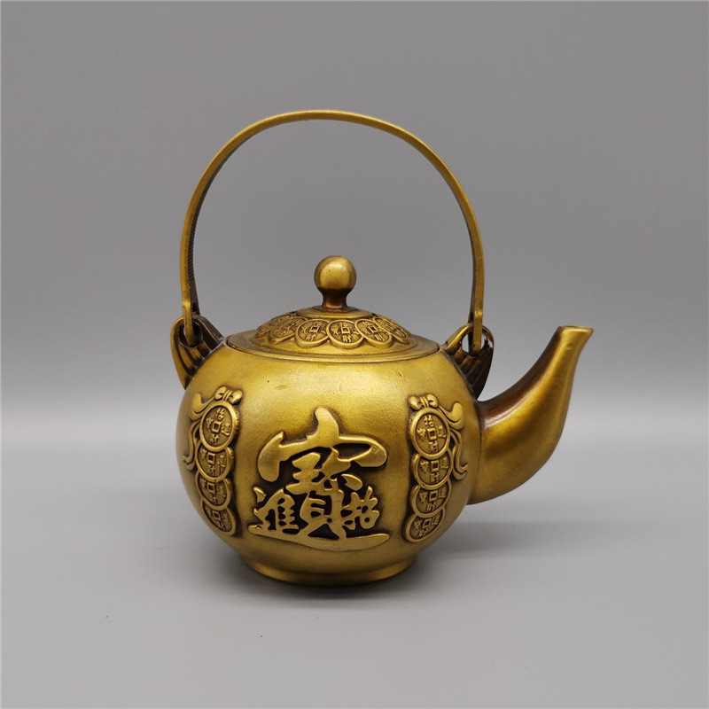 厂家直销铜器古玩仿古工艺品收藏黄铜壶酒壶铜钱壶摆件地摊货源