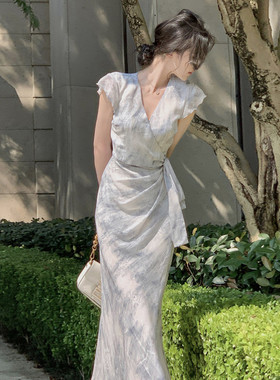 新品从一【赏花姬】法式碎花连衣裙女夏气质名媛黄色系带海边度假