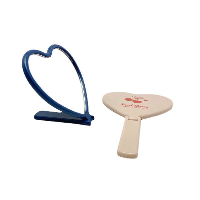 厂家可以印图案的美容礼品爱心型手柄平面手拿梳妆镜折叠塑料abs