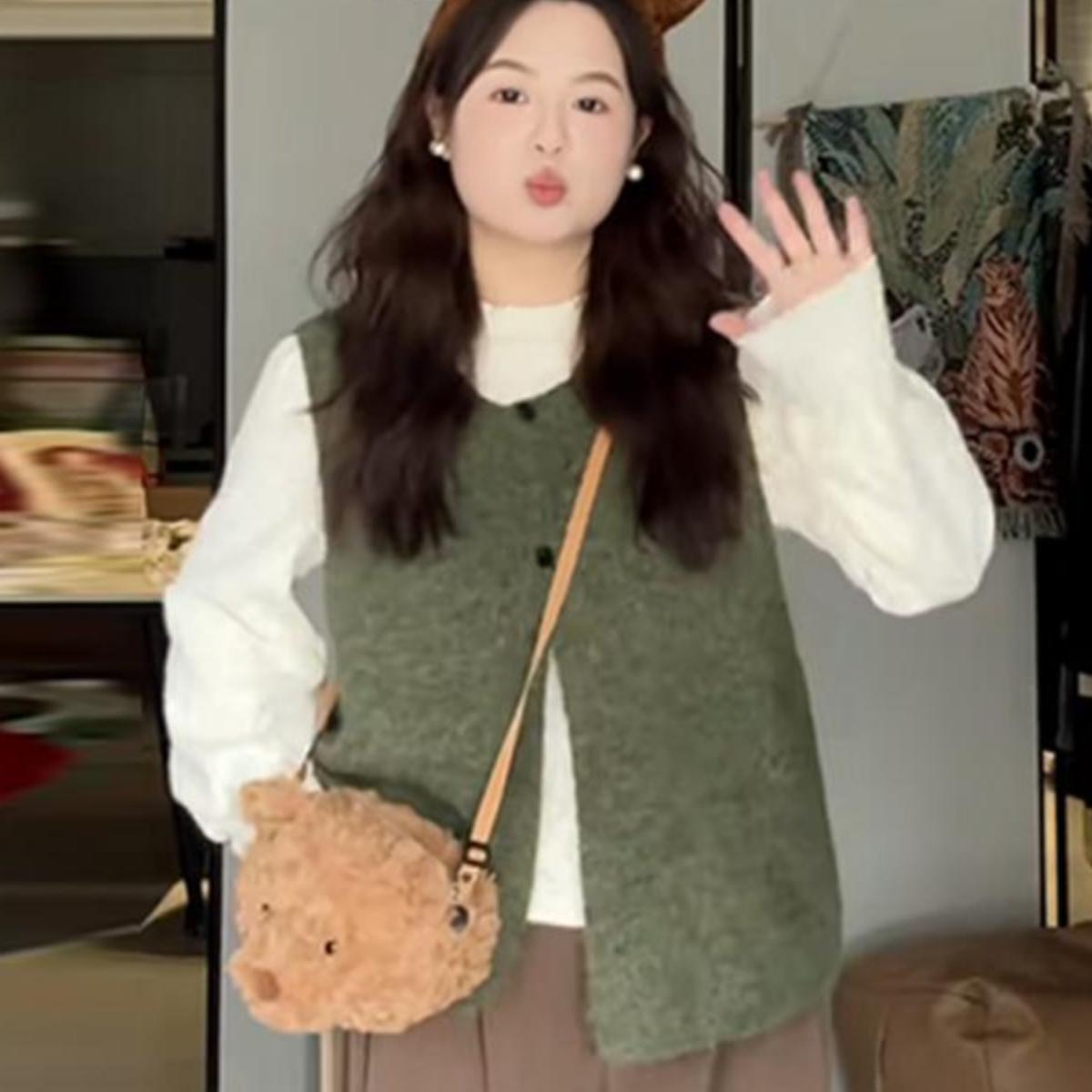 高货速发显瘦设计感针织衫外穿上衣大码微胖mm复古百搭毛衣背心马