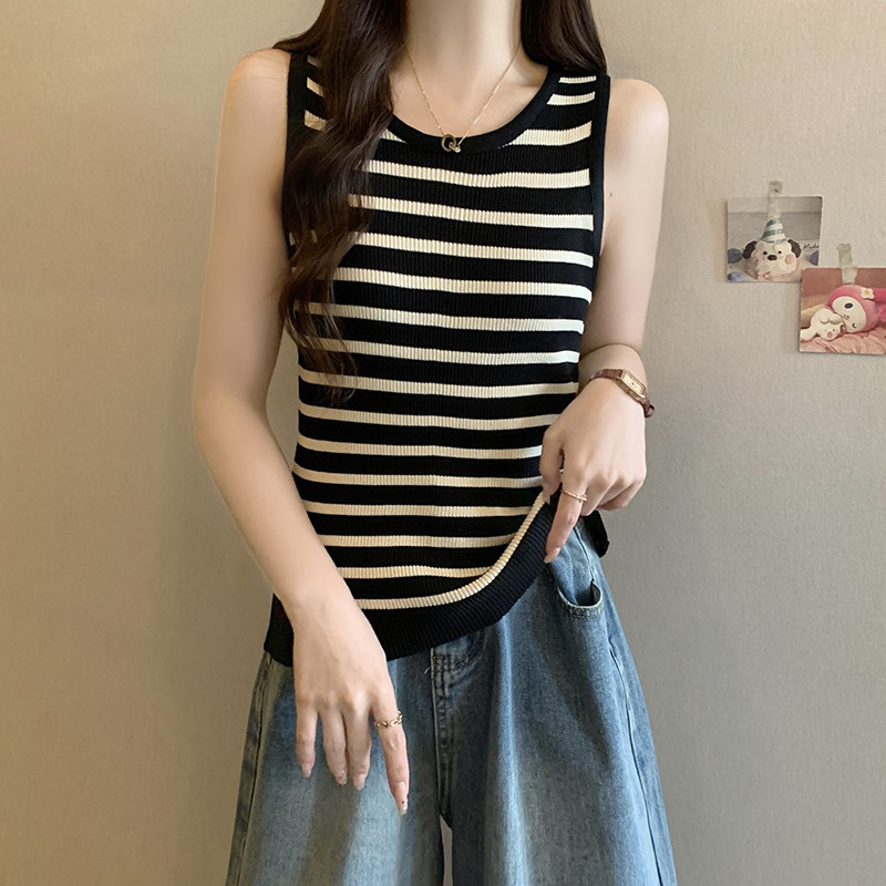 现货大码薄款条纹针织吊带背心女夏季打底内搭胖mm遮肉无袖休闲上