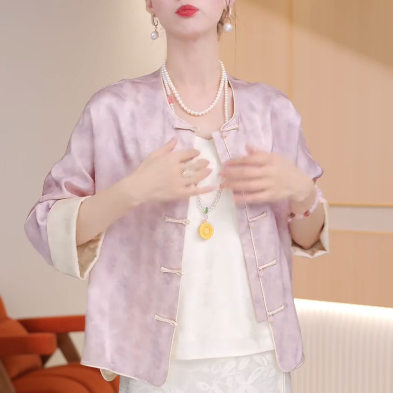 好货新中式外套女春季真丝桑蚕丝外搭开衫复古盘扣唐装中国风女装