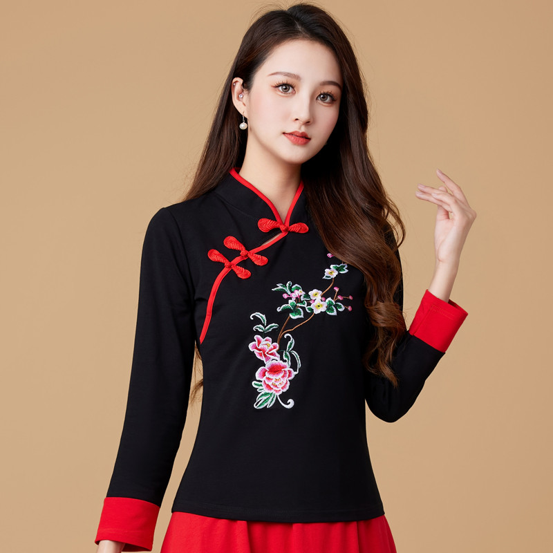 新款广场舞服装套装中长袖中国风刺绣古典舞蹈中老年表演服上衣1
