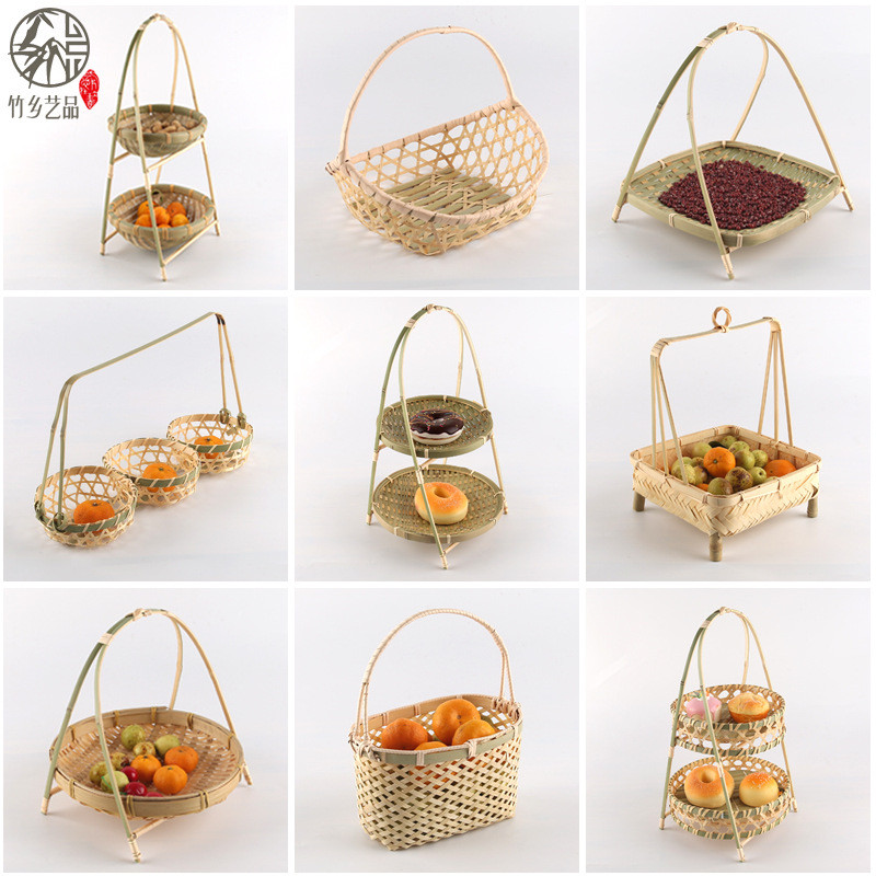 竹编制品小簸箕竹编果盘双层竹篮茶道竹盘水果盘茶点篮手工竹赢朔