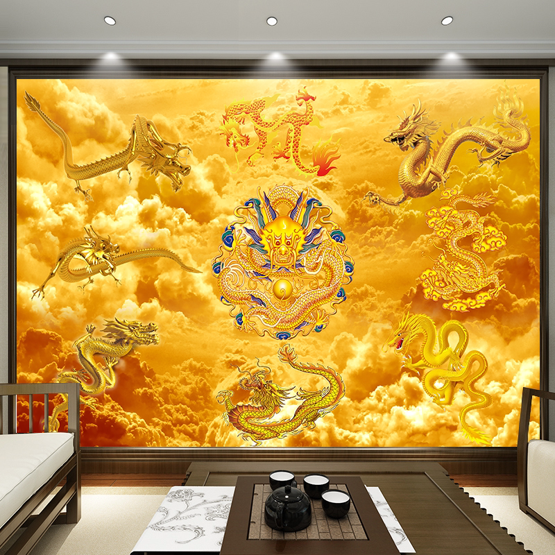 九龙图挂画金龙镇宅聚财九条龙招财风水画旺宅佛堂背景墙纸装饰画