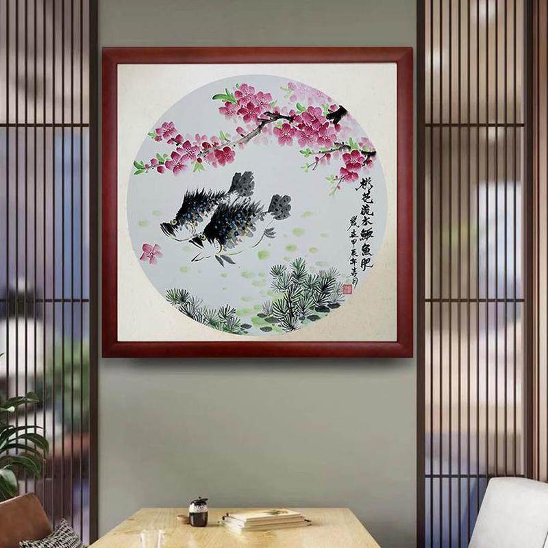 桃花手绘肥水挂画年年有余国画玄关客厅装饰餐厅壁画鱼鳜流水墨鱼,家居饰品,国画,淘宝优惠券,粉丝福利购,淘宝优惠卷