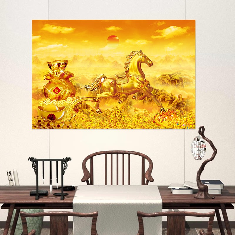 金马拉车客厅茶室装饰挂画骏马拉财黄金万两家用招财墙贴画靠山画图片