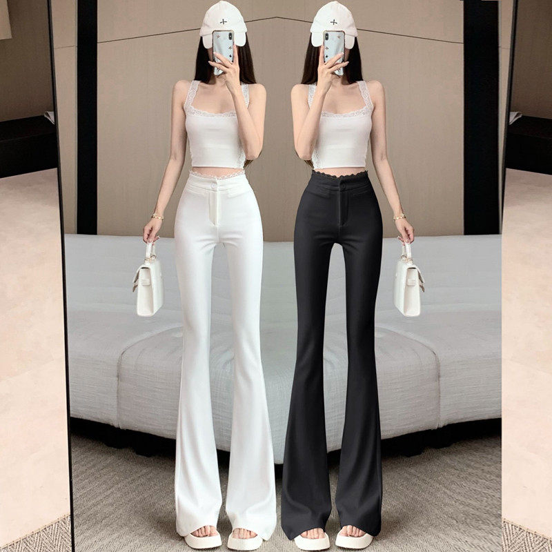 现货白色蕾丝拼接微喇西装裤女春季修身显瘦时尚高腰休闲裤垂感拖