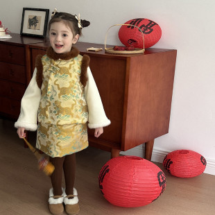 新年服女童洋气红色喜庆新中式摄影儿童装盘扣马甲裙中国风旗袍裙