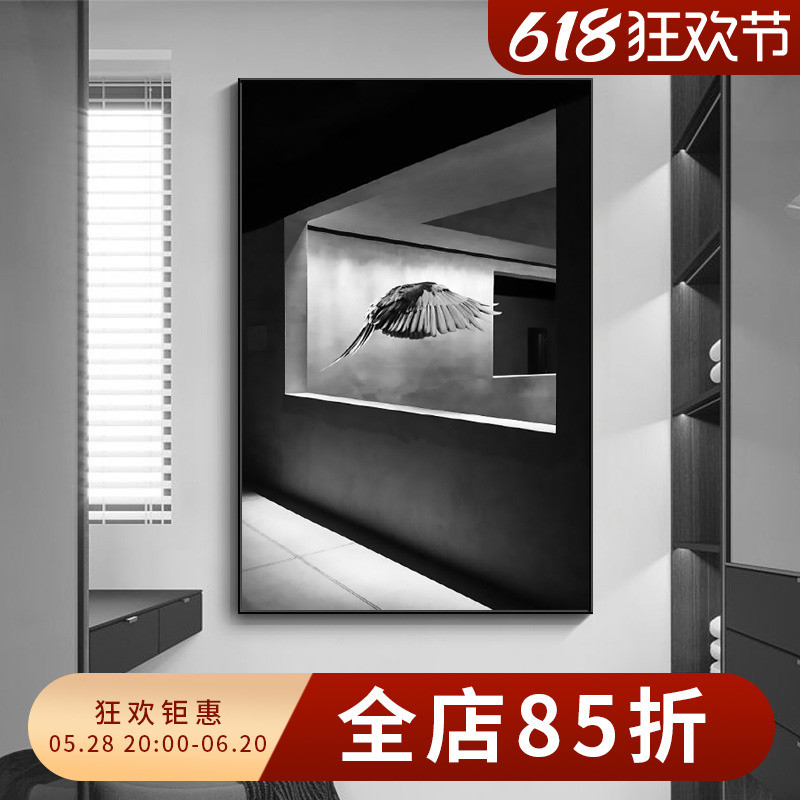 黑白灰风格装饰画高级感楼梯间挂画极简风动物小众客厅背景墙壁画图片