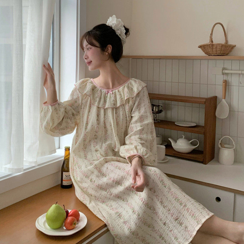 纯棉睡裙女2025春季新款奶呼呼甜美公主风碎花宽松大码宫廷风睡衣