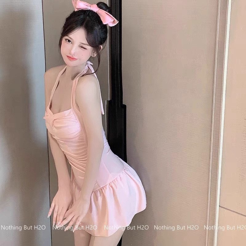 游泳衣女款夏连体2025新款纯欲风小个子可爱微胖女孩遮肉挂脖泳衣