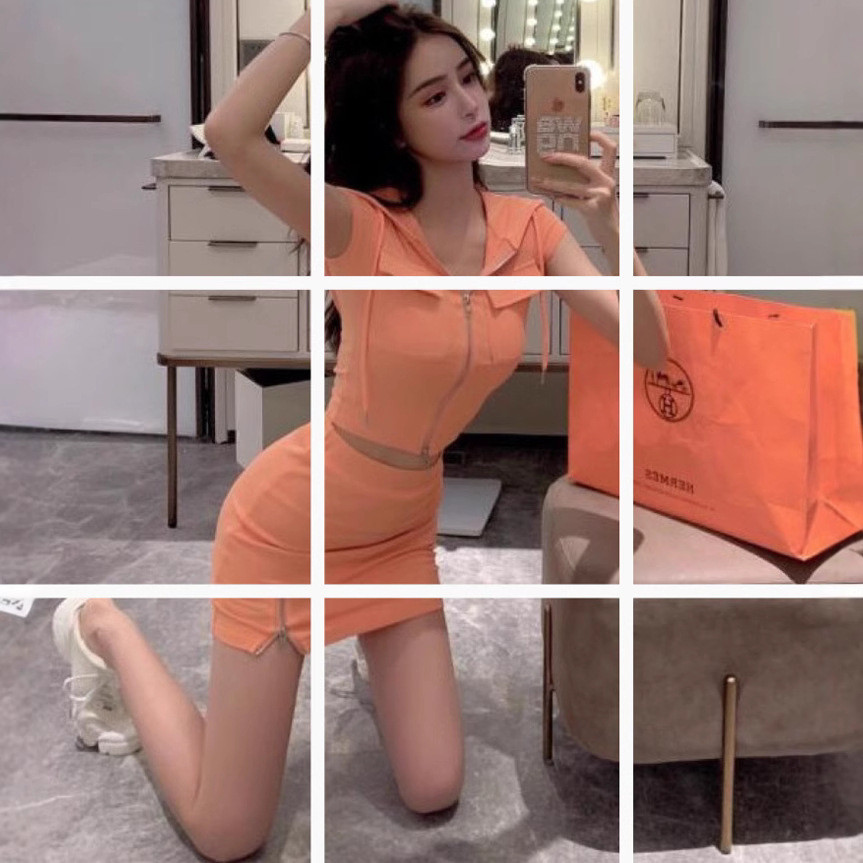洋气休闲女连帽露脐上衣+高腰包臀短裙两件套夏8022拉链粉套装