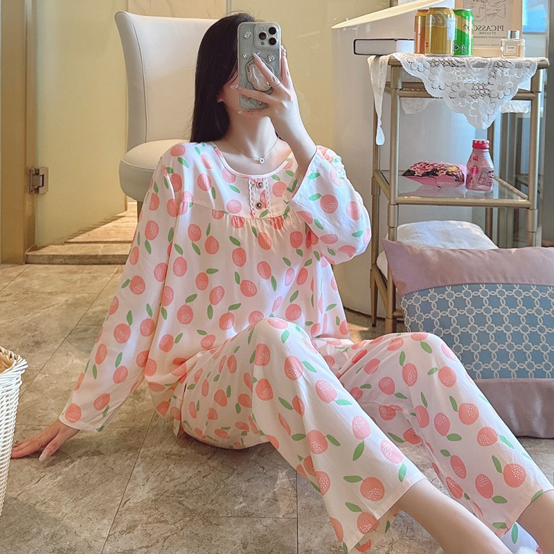 新品夏季人造棉长袖棉绸睡衣女学生夏天轻薄款绵绸套装日系空调家