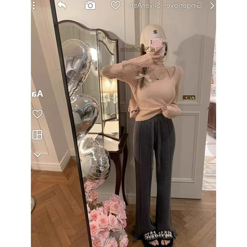 新品粉色纯欲风挂脖针织衫女秋装露锁骨性感低领毛衣内搭打底修身