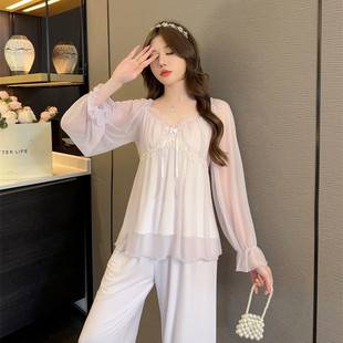 带胸垫睡衣套装 甜美蕾丝网纱女士宫廷家居服 女2025年新款 春秋长袖