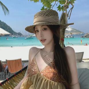 加密咸草三股编织升级版法式平顶草帽男女夏季休闲出游度假