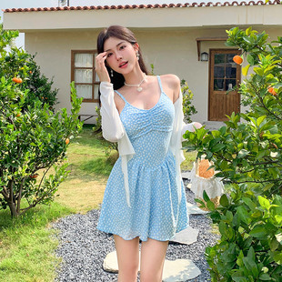 极速碎花甜美泳衣女微胖大码 胖mm200斤显瘦遮肉连体裙式 长袖 罩衫