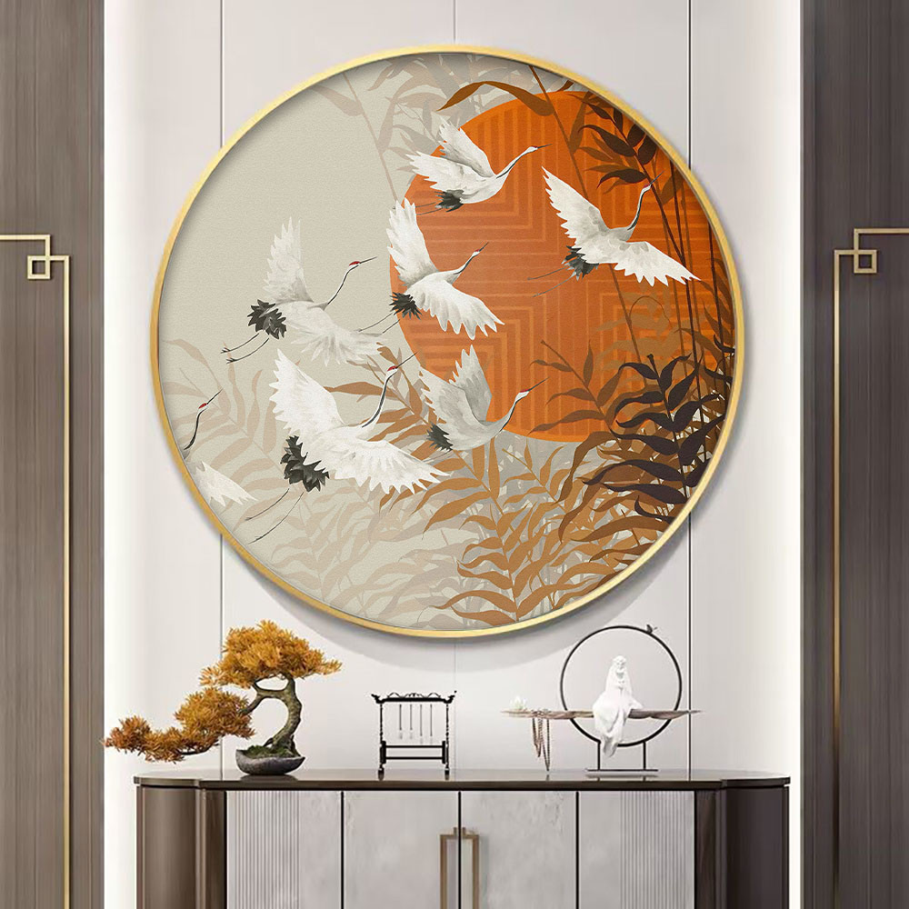 松鹤延年红色圆形新中式玄关装饰画现代中式茶室挂画客厅背景墙