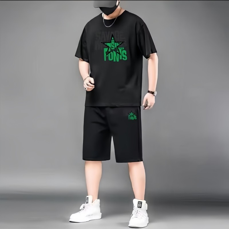 现货夏季美式休闲运动套装男款冰丝大码圆领短袖体恤五分短裤两件