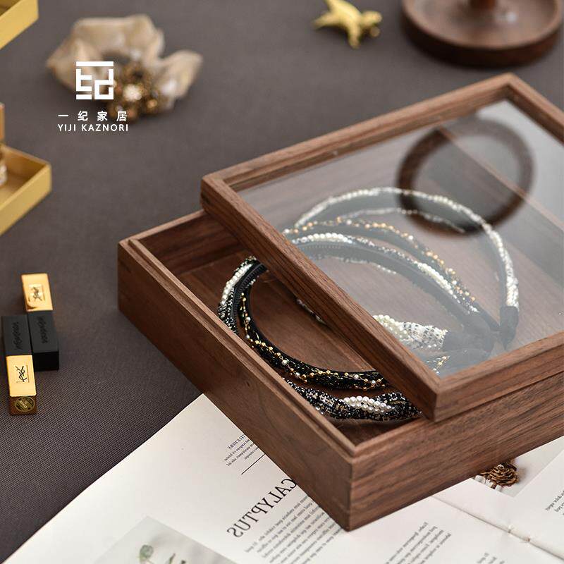 黑胡桃木发圈发箍收纳盒高档桌面整理杂物多功能储物玻璃盖实木盒