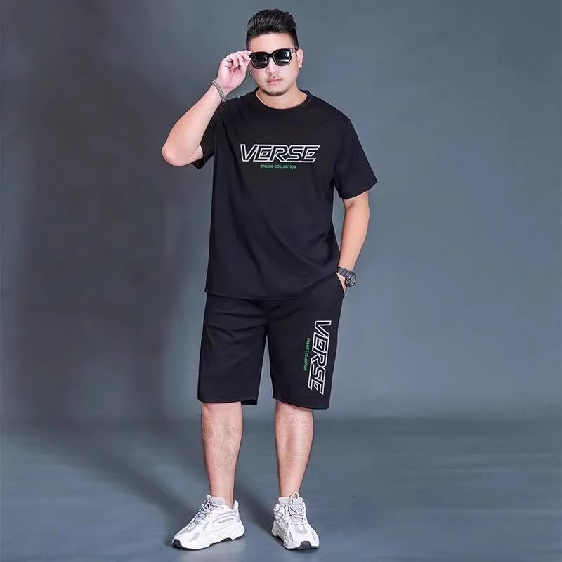推荐夏季男款大码短袖短裤运动冰丝套装速干加肥加大体恤五分裤两