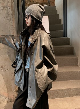 大码胖妹妹mm复古深灰色皮衣外套女2024年秋季宽松中长款夹克开衫