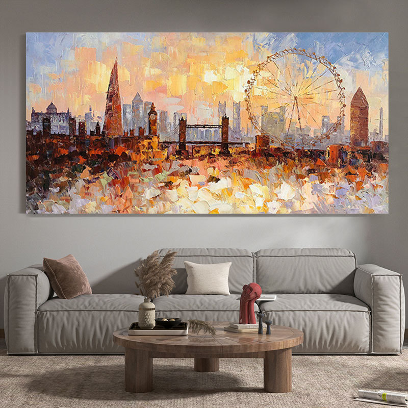 城市印象手绘油画抽象建筑摩天轮装饰画客厅刀画玄关立体肌理挂画图片
