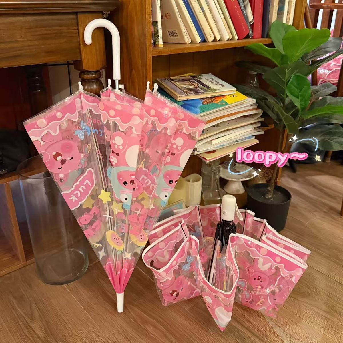 卡通小海狸儿童成人雨伞透明长柄折叠女孩露比loopy可爱高颜值伞