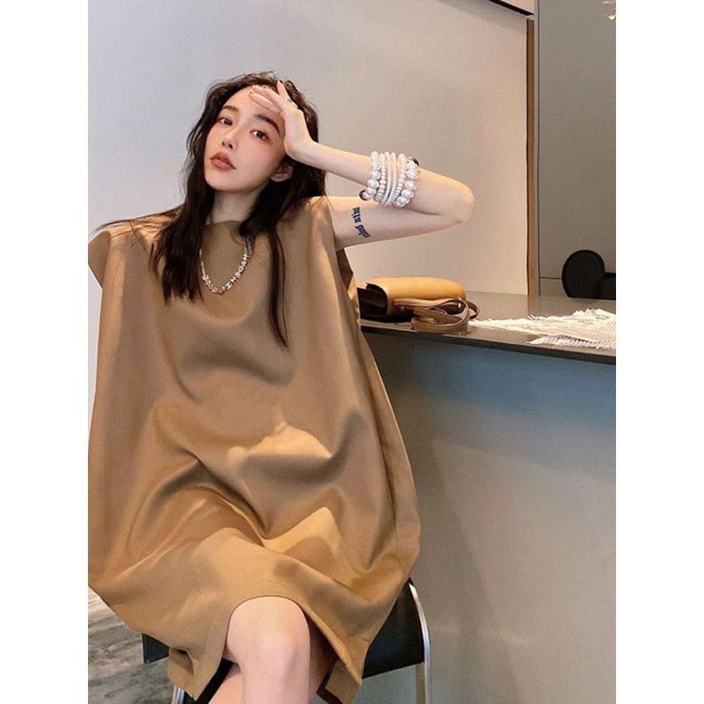 休闲运动宽松中长款t恤裙子女夏季大码坎肩无袖背心裙气质连衣裙