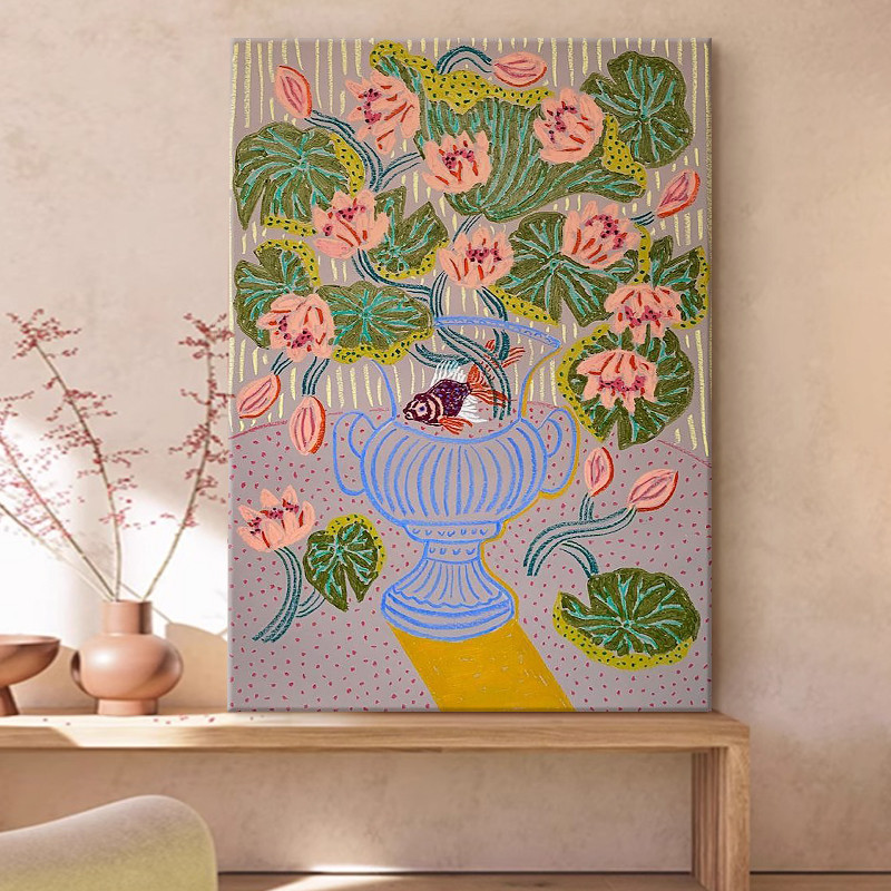 马蒂斯荷花锦鲤纯手绘油画复古文艺装饰画客厅竖版玄关背景墙挂画图片