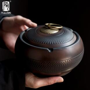 陶迷紫陶烟灰缸家用陶瓷带盖防风客厅卧室车载大号烟缸防飞灰