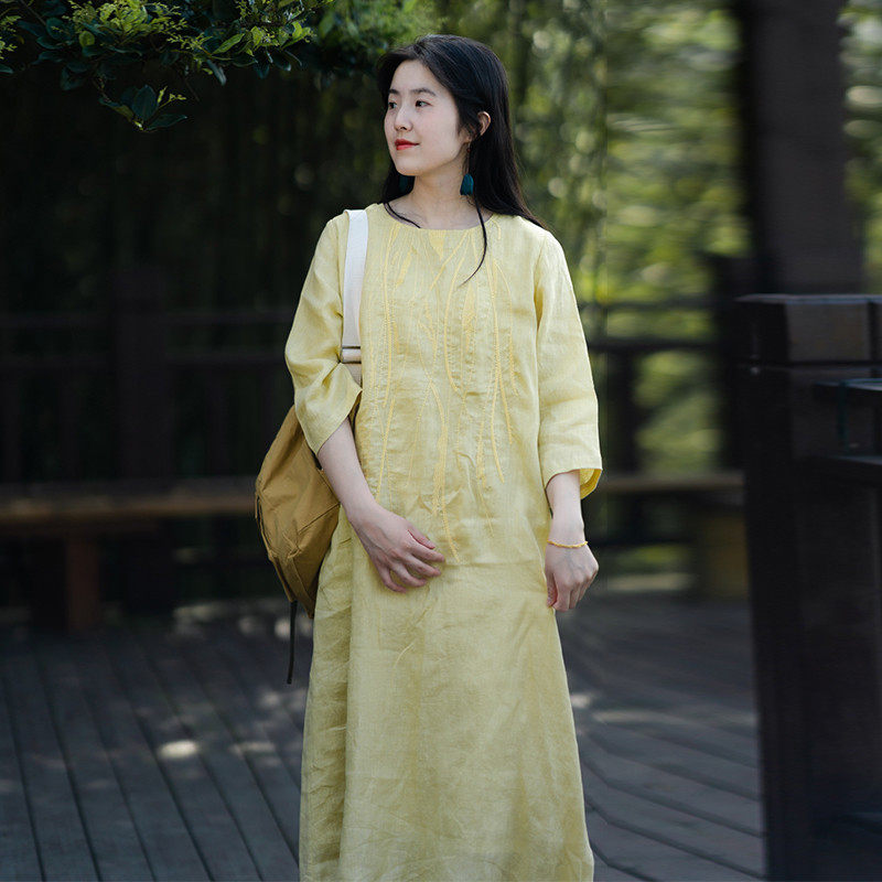 轻中式浅黄色苎麻绣花 知笔墨长袖减龄旅行长袖子