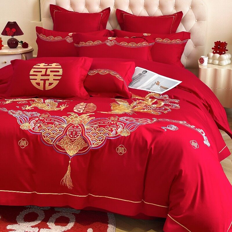 高档龙凤刺绣全棉结婚四件套大红色床单被套纯棉喜被婚庆床上用品,床上用品,婚庆床品套件,淘宝优惠券,粉丝福利购,淘宝优惠卷