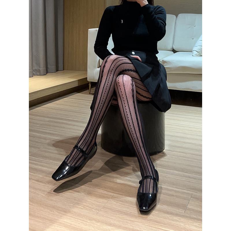 小众蕾丝提花竖条纹网袜20D显瘦防脱丝性感网眼连裤袜子打底袜