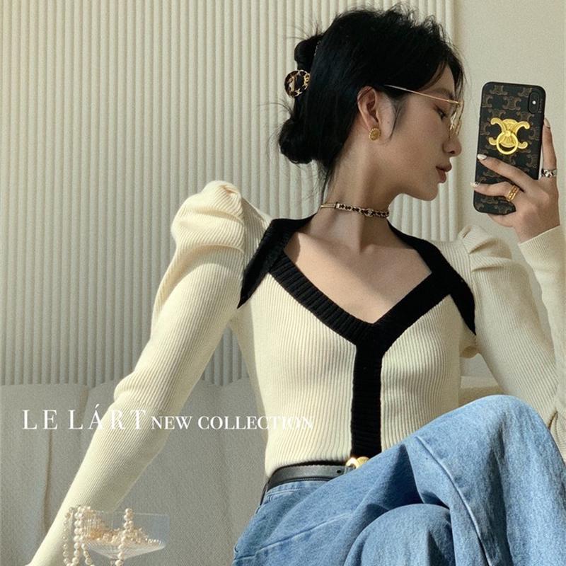 法式高级感气质冬季毛衣女设计感小众泡泡袖显瘦打底衫