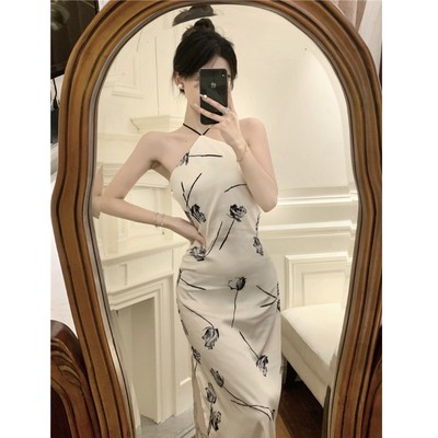 性感法式复古印花缎面连衣裙